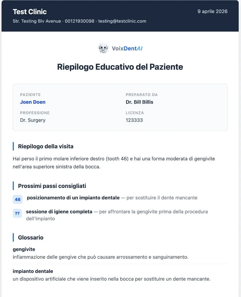 VoixDent patient report with a plain-language visit summary, next steps and a glossary of dental terms.