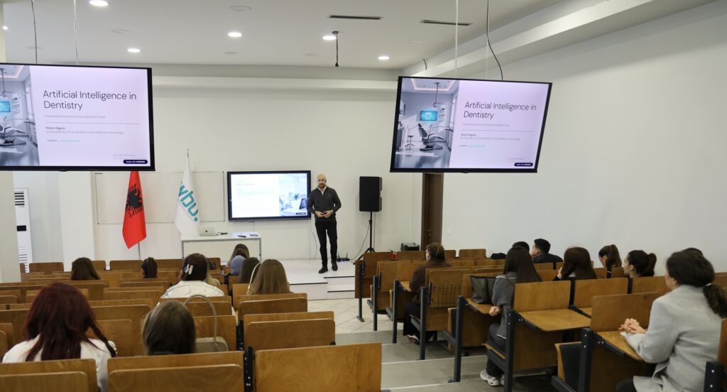 Nikolin Ngjela presenting Artificial Intelligence in Dentistry at Western Balkan University to dental students
